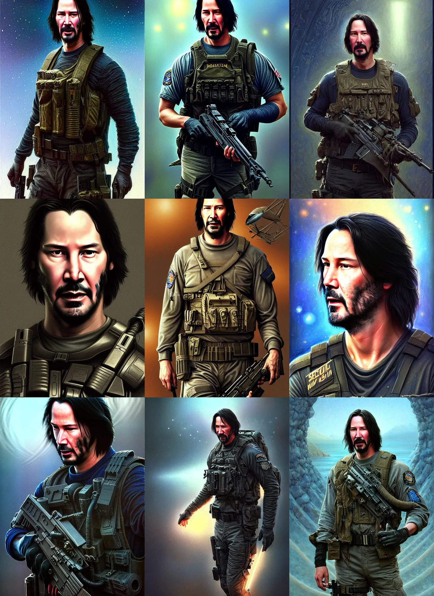 Prompt: keanu reeves as an old navy seal, fantasy magic, light night, intricate, elegant, sharp focus, illustration, highly detailed, digital painting, concept art, matte, art by wlop and artgerm and ivan shishkin and andrey shishkin, masterpiece