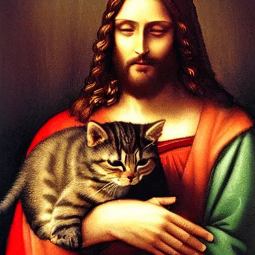 Image similar to jesus holding a cute cat, emotional, cute, powerful, digital art by leonardo da vinci