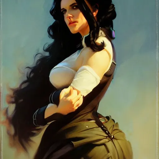 Image similar to Greg Manchess portrait painting of Yennefer of Vengerberg as Overwatch character, medium shot, asymmetrical, profile picture, Organic Painting, sunny day, Matte Painting, bold shapes, hard edges, street art, trending on artstation, by Huang Guangjian and Gil Elvgren and Sachin Teng