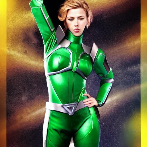 Image similar to scarlett johansson as the green power ranger, digital photography, highly detailed