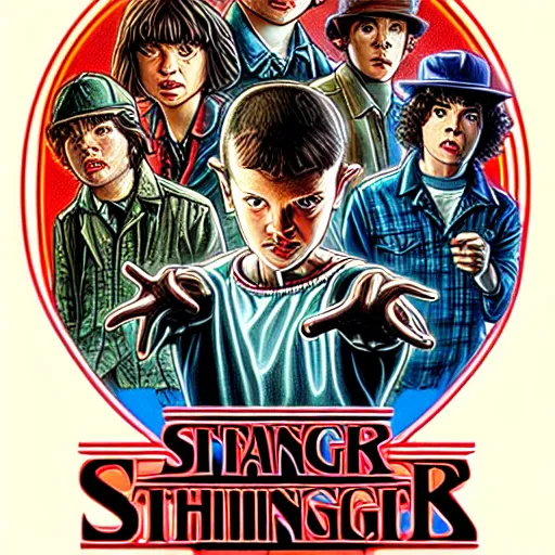 Image similar to Stranger Things by Drew Struzan, artstation, 80's American sci-fi poster The Goonies (1985) style, detaild faces, 8K