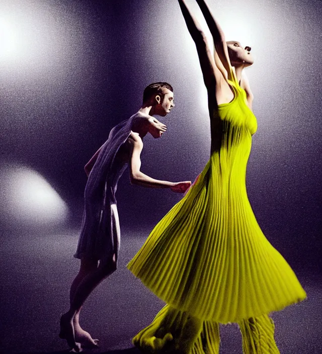 Image similar to la la land unseen film scene of gaz station by night starring seductive actress doing steps dancing and dressed by an organic looking dress from designer * iris van herpen *, with stylish colorfull makeup. intriguing soft back lighting, highly detailed, skin grain detail, photography by paolo roversi, nick knight