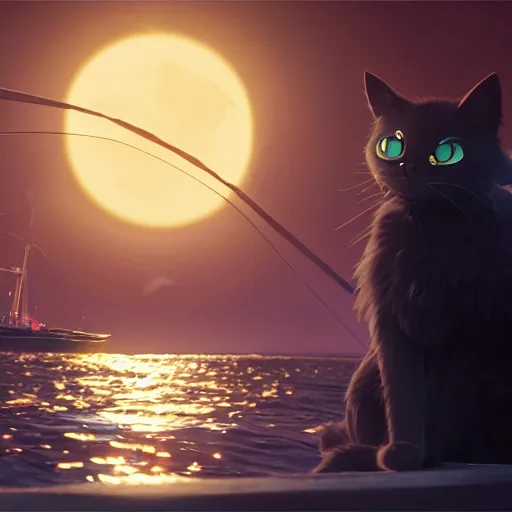 Image similar to a wholesome animation creative key shot of a black cat sailing a ship in the night, full shot, studio ghibli, pixar and disney animation, sharp, rendered in unreal engine 5, anime key art by greg rutkowski, bloom, dramatic lighting