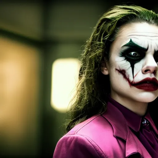 Image similar to stunning awe inspiring mila kunis as the joker, movie still 8 k hdr atmospheric lighting