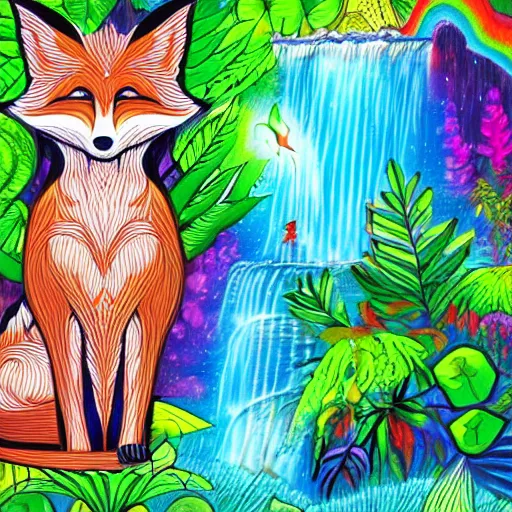 Image similar to an anthromorphic fox man meditating in a garden with a waterfall and clouds, by Lisa Frank in a psychedelic style, digital art