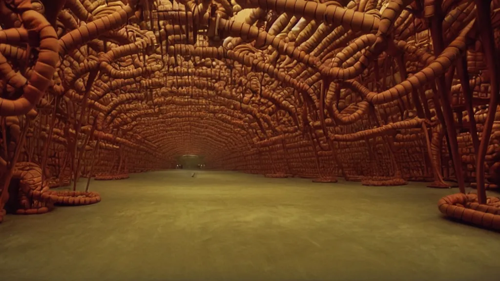 Image similar to inside of a room at Willy Wonka’s chocolate factory, film still from the movie directed by Denis Villeneuve with art direction by Zdzisław Beksiński, wide lens