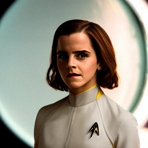 Image similar to Emma Watson in Star Trek, XF IQ4, f/1.4, ISO 200, 1/160s, 8K, Sense of Depth, color and contrast corrected, unedited, Dolby Vision, symmetrical balance, in-frame