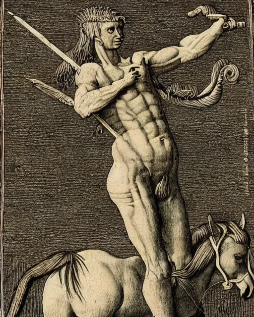 Image similar to centaur, high detail, extremely detailed, very sharp, in the style of theodor de bry, jost amman,