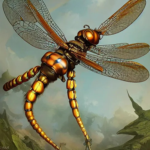 Image similar to hyperreal ultra detailed intricate mechanical clockwork dragonfly by peter mohrbacher and dan mumford, cgsociety, volumetric light