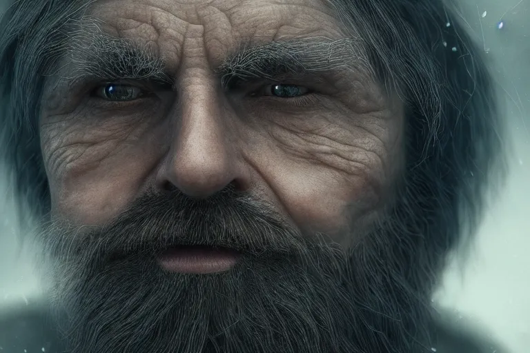 Image similar to an ultra realistic cinematic close up headshot portrait of an evil wizard, background of a vast serene landscape with trees and rivers, detailed, deep focus, movie still, dramatic lighting, ray tracing, by michal karcz and yoshitaka amano