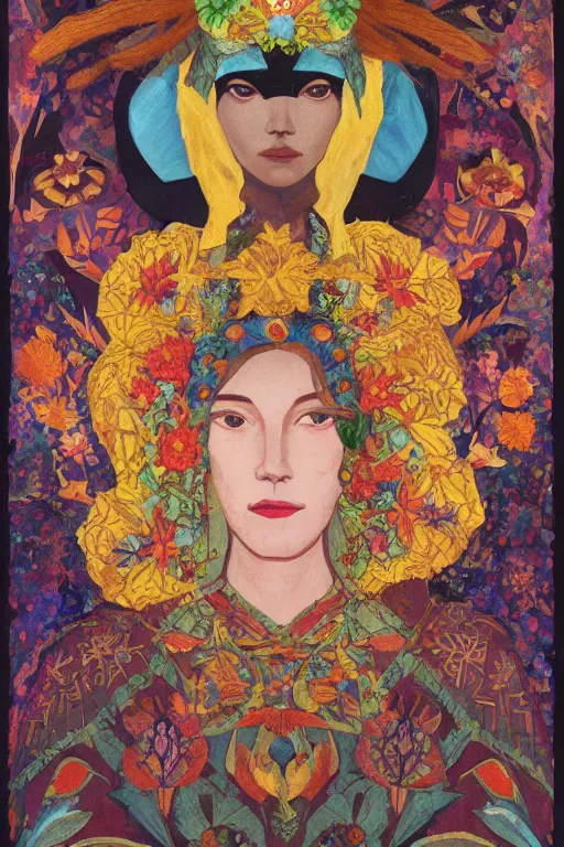 Prompt: queen of flowers, by Tino Rodriguez and Annie Swynnerton, and Nicholas Roerich, elaborate headdress and embroidered velvet, iridescent beetles, rich color, dramatic cinematic lighting, extremely detailed