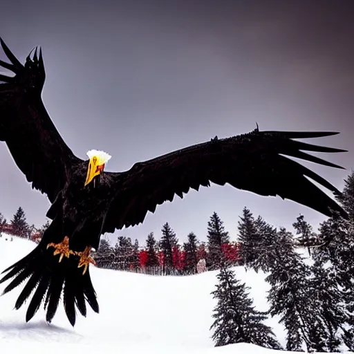 Prompt: black eagle with red eyes fighting a white dragon over a spruce tree forest