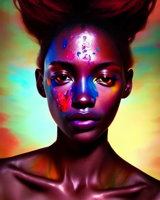 Prompt: very beautiful woman, face submerged in colorful oils, dark skin, realism, extreme detail, real life, soft light, volumetric light, 3 d shadows, james jean, photoshoot