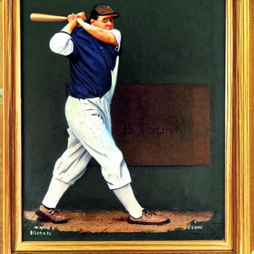 Image similar to a portrait painting of Babe Ruth. Painted by Norman Rockwell