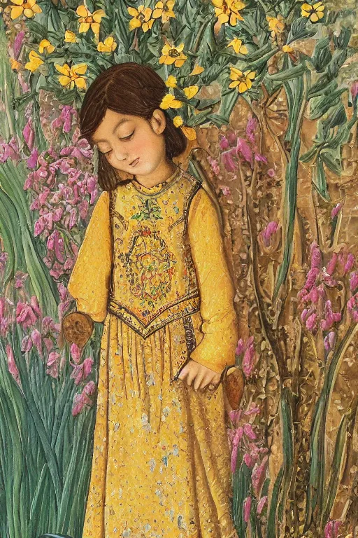 Prompt: girl waer detailed golden arabesque dress with a lot of narcissus in persian pot, miniature painting