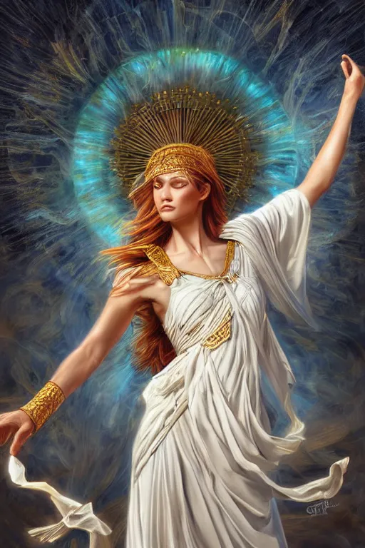Prompt: goddess athena dancing in the wind, beautiful face, ethereal, gorgeous, volumetric lighting, elegant, fluid, highly detailed, digital painting, concept art, highly detailed, smooth, illustration, limited color palette, atmosphere and tension, art by greg olsen and liz lemon swindle