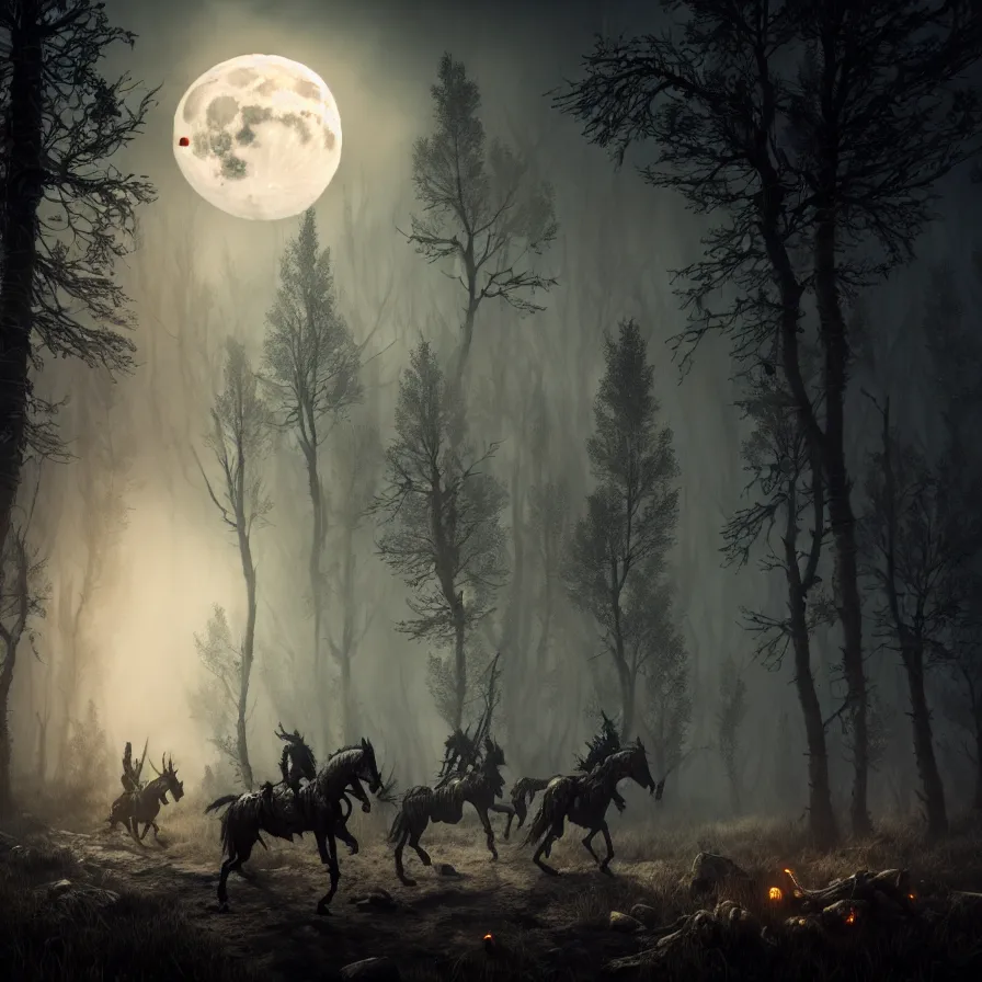 Prompt: the wild hunt, ghost riders in the full moon, skeletal shadow creatures, lurking enchanted forest, blizzard, mist, treacherous road, uneasy atmosphere, from the witcher, cinematic, arnold gpu, octane workflow, 8 k, unreal 5, hyperrealist, cohesive composition, intricate digital art, volumetric lighting, trending artstation, dark fantasy