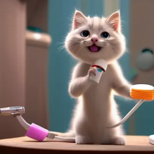 Image similar to a kitten character brushing teeth with a toothbrush and toothpaste, still from the movie pets, pixar render, dreamworks, movie poster disney