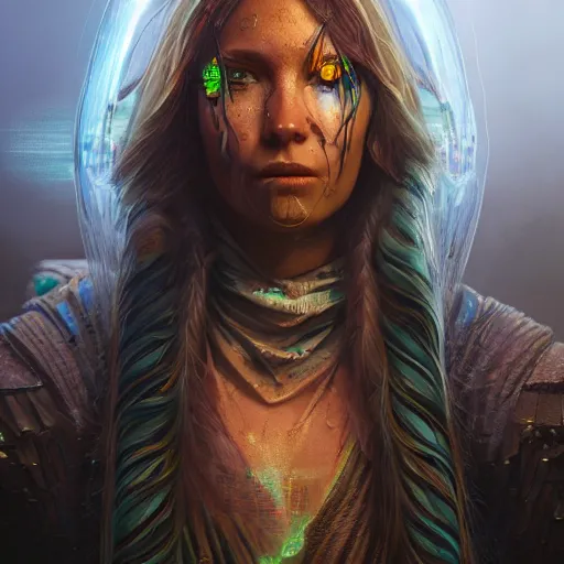 Prompt: detailed portrait of a futuristic sci - fi shaman in an impressive scene. extremely detailed. beautiful lighting. concept art. trending on artstation.