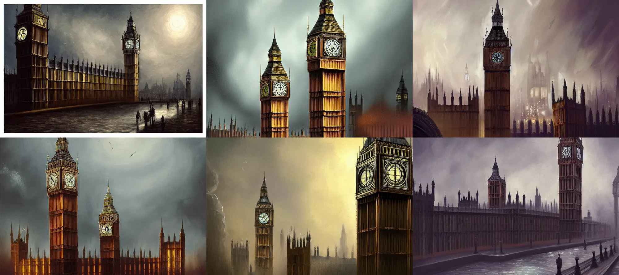 Prompt: landscape digital painting of apocalyptic london big ben houses of parliment themse intricate highly detailed dark fantasy art by charlie bowater tyler edlin