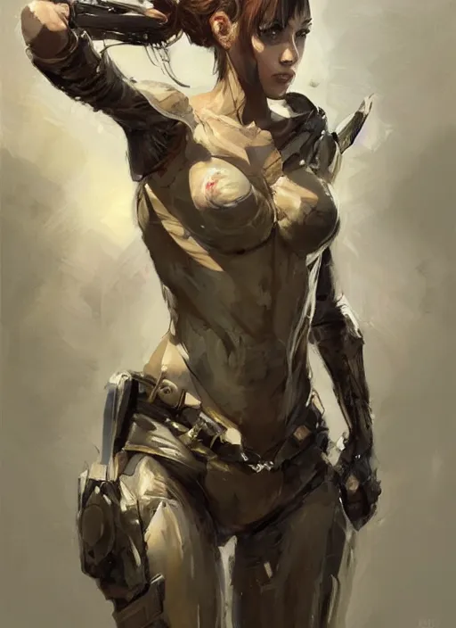 Image similar to a professional painting of a beautiful young female, clothed in military armor, olive skin, long dark hair, beautiful bone structure, symmetrical facial features, intricate, elegant, digital painting, concept art, smooth, sharp focus, illustration, from Metal Gear, by Ruan Jia and Mandy Jurgens and Artgerm and William-Adolphe Bouguerea