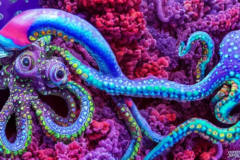 Prompt: rainbow octopus, stunning ultra realist waves underwater curiosities reflections and refractions corals and fishes carnival, symmetry accurate features, focus, very intricate ultrafine details, blue purple aqua colors, award winning masterpiece, octane render