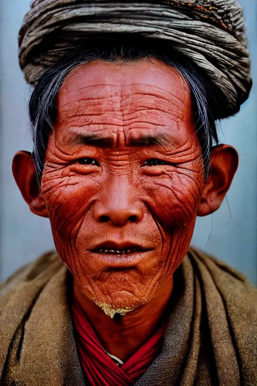 Image similar to ultra realistic vintage photo portrait of a tibetan man with a deep hole on the middle of his forehead, by Annie Leibovitz,