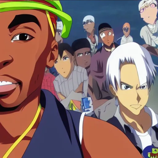 Image similar to Tupac Shakur, screenshot from a 2012s anime