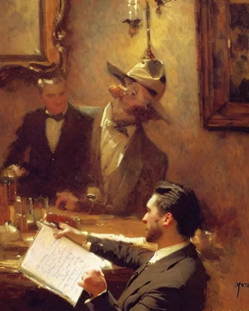 Image similar to an attractive man reciting poetry to a room full of businessmen, painting by gaston bussiere, craig mullins, j. c. leyendecker