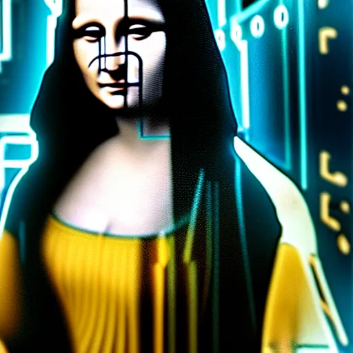 Prompt: cinematic movie still of cybernetic character named Mona Lisa Overdrive in Neuromancer, futuristic eye implant, cyberpunk, Burning Chrome, XF IQ4, 150MP, 50mm, F1.4, ISO 200, 1/160s, twilight in the city