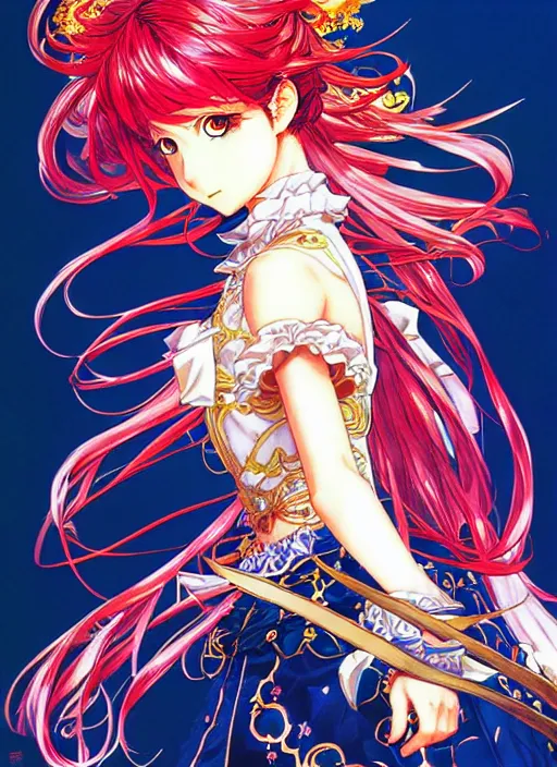 Image similar to exquisite imaginative fate manga poster of princess, long wavy hair, armor, ruffles, by shigenori soejima, minaba hideo, katsuhiro otomo, jump comics, fluorescent, illustration, artstation, dark fantastic, highly detailed, 8 k, maximalist