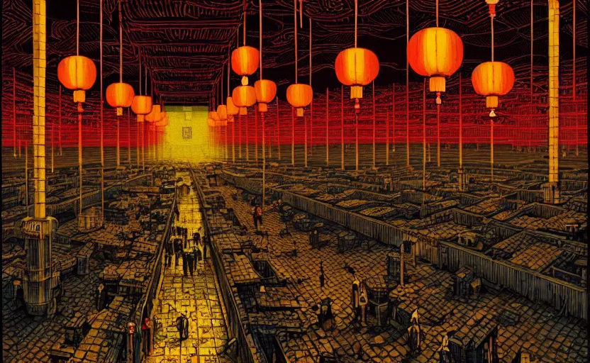 Prompt: artwork of a chinese prison by dan mumford and toshi yoshida and peter doig, vintage scifi, highly detailed, dramatic lighting, 8 k