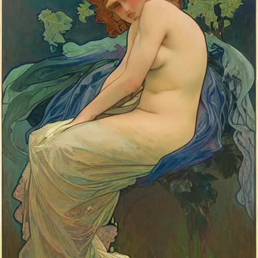 Image similar to tempera composed by alphonse mucha, by meredith marsone, by alexandre cabanel. the sculpture of two lakes in connecticut, with mountains in the distance.