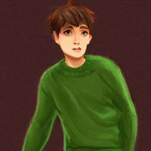 Prompt: boy with short brown hair covering eyes, light green sweater, brown background, digital art, fantasy painting, dungeons and dragons trending on artstation