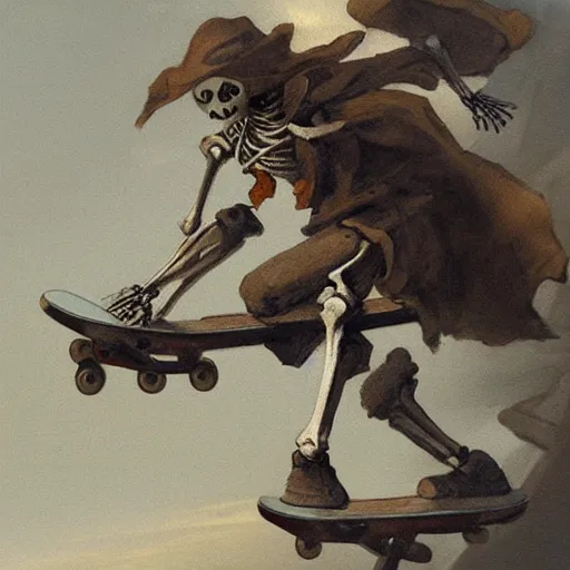 Image similar to close up skeleton skateboarder painting dynamic very very detailed by hubert robert balanced