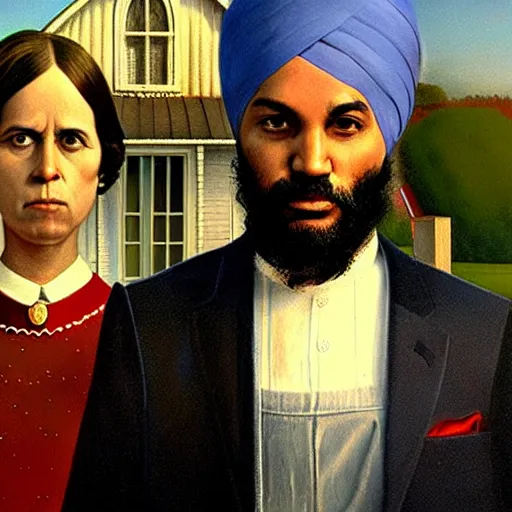 Prompt: Justin Trudeau and Jagmeet Singh in the american gothic painting, concept art, sharp focus, highly detailed digital painting by Grant Wood, artstation