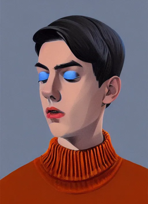 Image similar to portrait of teenage jughead jones wearing a light grey crown, crown, light grey crown, blue turtleneck, 1 9 5 0 s, closed eyes, intricate, peach and orange lighting, elegant, glowing lights, highly detailed, digital painting, artstation, concept art, smooth, sharp focus, illustration, art by wlop, mars ravelo and greg rutkowski