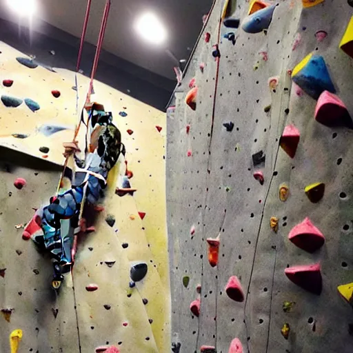 Image similar to photo of a cat rock climbing in a rock climbing gym