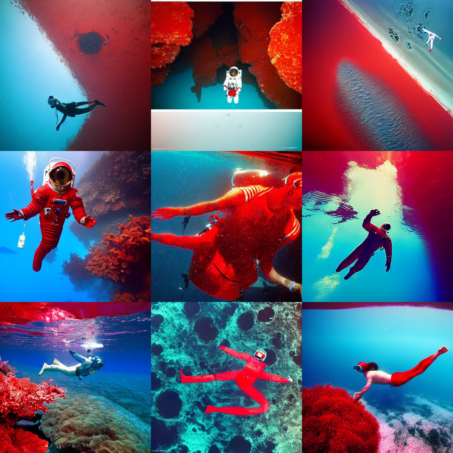 Prompt: “astronaut swimming in a red water ocean temple, HD national geographic photograph”