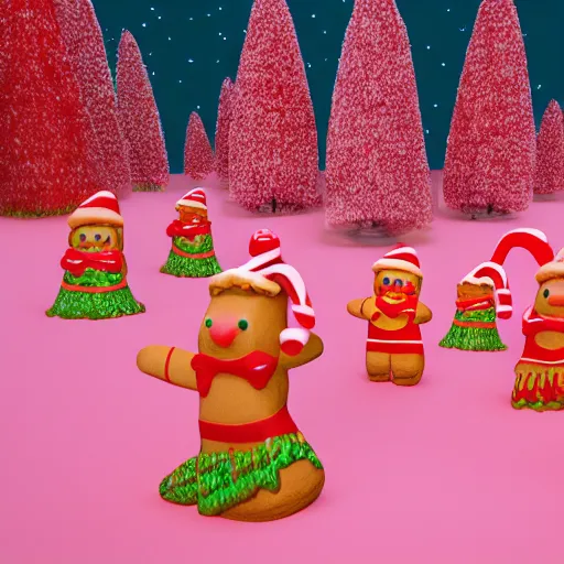 Prompt: cinematic Candy land forest during christmas time with anthropomorphic ginger bread people and candy people, rivers made out of chocolate milk, the sky is pink, 3d render, Trending on artstation