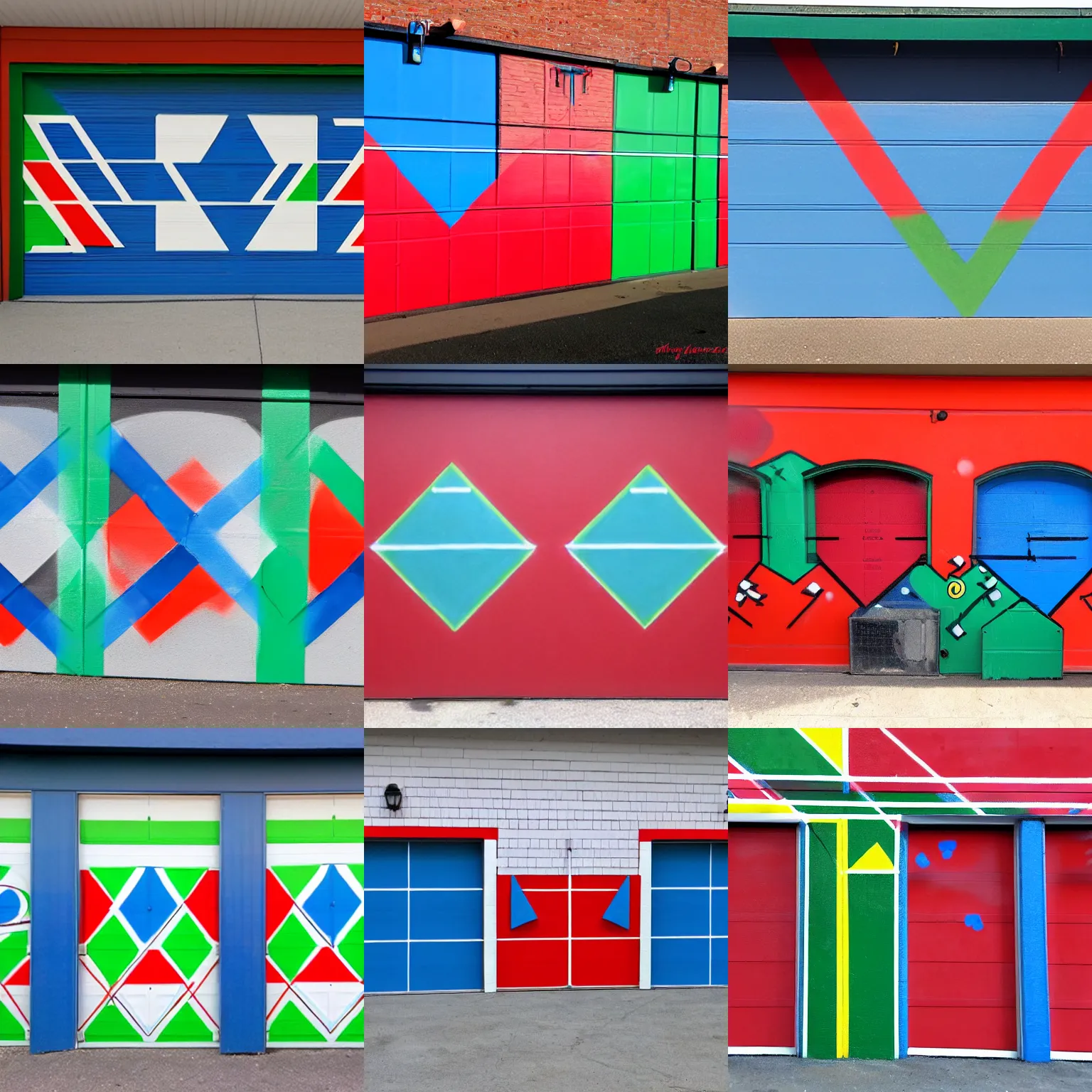 Prompt: Garage door graffitti. 2 blue disks. 3 red triangles. 4 green squares.