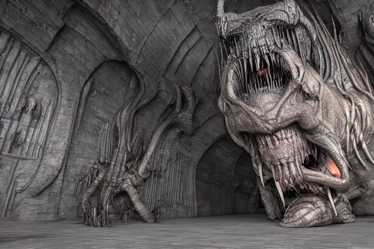 Image similar to realistic balrog at the bottom of a huge long corridor in the mines of moria, 3 d octane render, photorealistic, style of h. r. giger