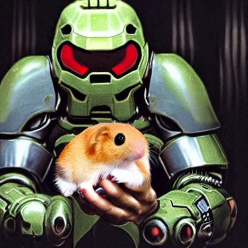 Prompt: doom guy holding a hamster