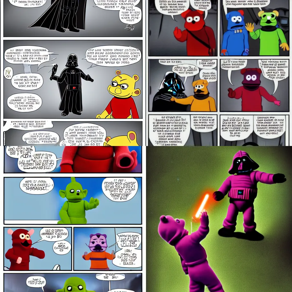 Prompt: darth teletubby using force choke on shaggy