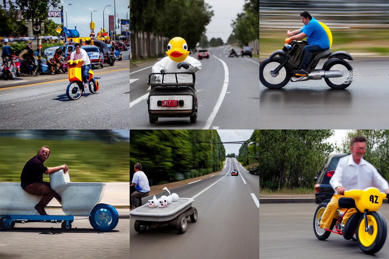 Prompt: Man driving a bathtub stunt motorbike with wheels down the road, the bathtub has a rubber duck on it, ƒ/5.6, focal length: 50 mm, exposure time: 1/200