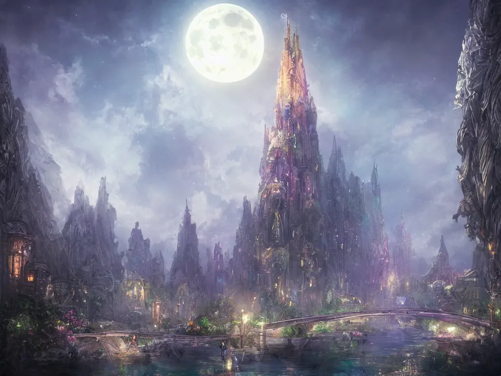 Prompt: a digital painting of a crystal glowing skyscraper near a small river and people are walking on the stone bridge under the fool moon, moonlight through the clouds, fantasy art, fantasy atmosphere, volumetric lighting, hyperrealistic, intricate details, smooth, sharp focus, insanely detailed, trending on artstation