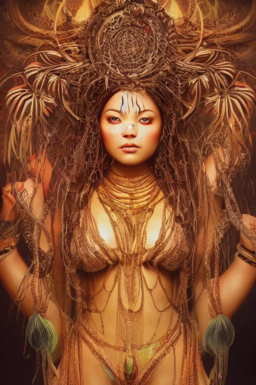 Image similar to an immaculate render of a dancing tribal goddess adorned with leaves and cables and bird wings parts in a temple surrounded by wild tentacles made from mandalas and incense smoke, full body, perfect face, powerful, cinematic, beautifully lit, by artgerm, by karol bak, 3 d, trending on artstation, octane render, 8 k