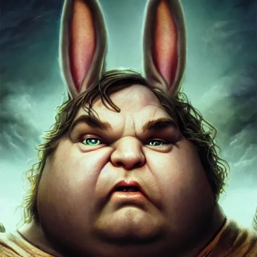 Prompt: hyper realistic, lord of the rings, portrait of a mega derpy john candy, big chungus, with bunny ears, stoned, by greg rutkowski, scott m fischer, artgerm, loish, slight glow, atmospheric, anne stokes, alexandros pyromallis