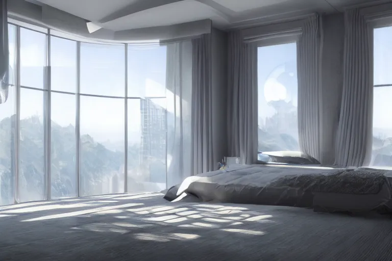 Prompt: futuristic highly detailed modern bedroom with a nice window view, complex design, realistic, octane render, unreal engine 5, raytracing, volumetric light, trending on artstation