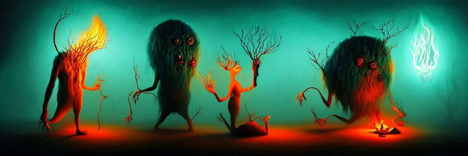 Image similar to whimsical creature freaks from the depths of the imagination, dramatic lighting from fire glow, surreal dark uncanny painting by ronny khalil